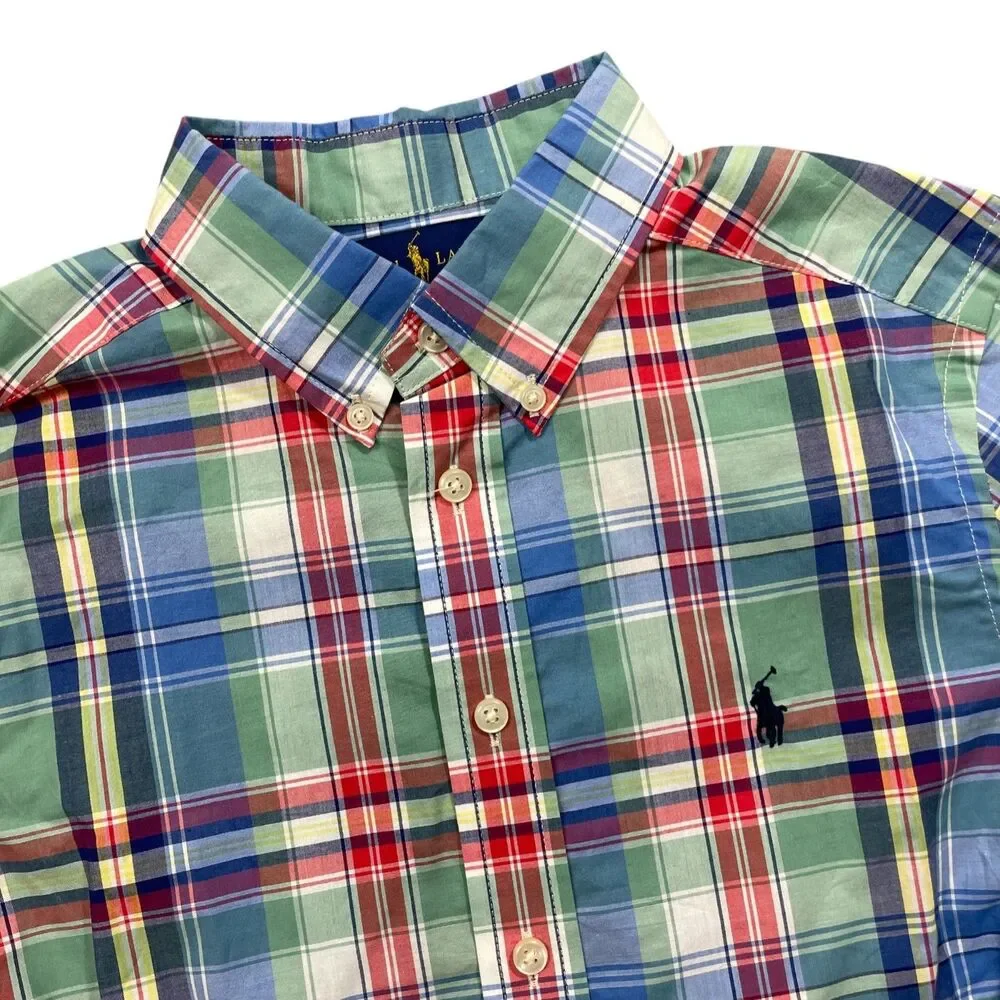 Ralph Lauren Boys Medium Button Up Plaid Shirt Button Down Collar Short Sleeve‎